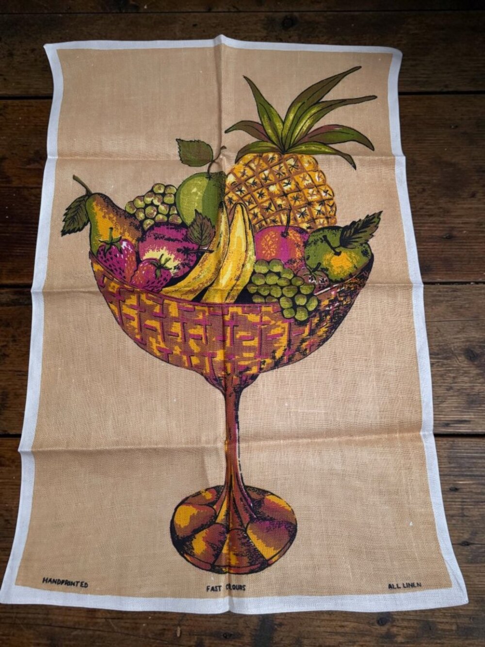 Vintage Handprinted All Linen Tea Towel With Fruit Bowl Design Fast Colours Made